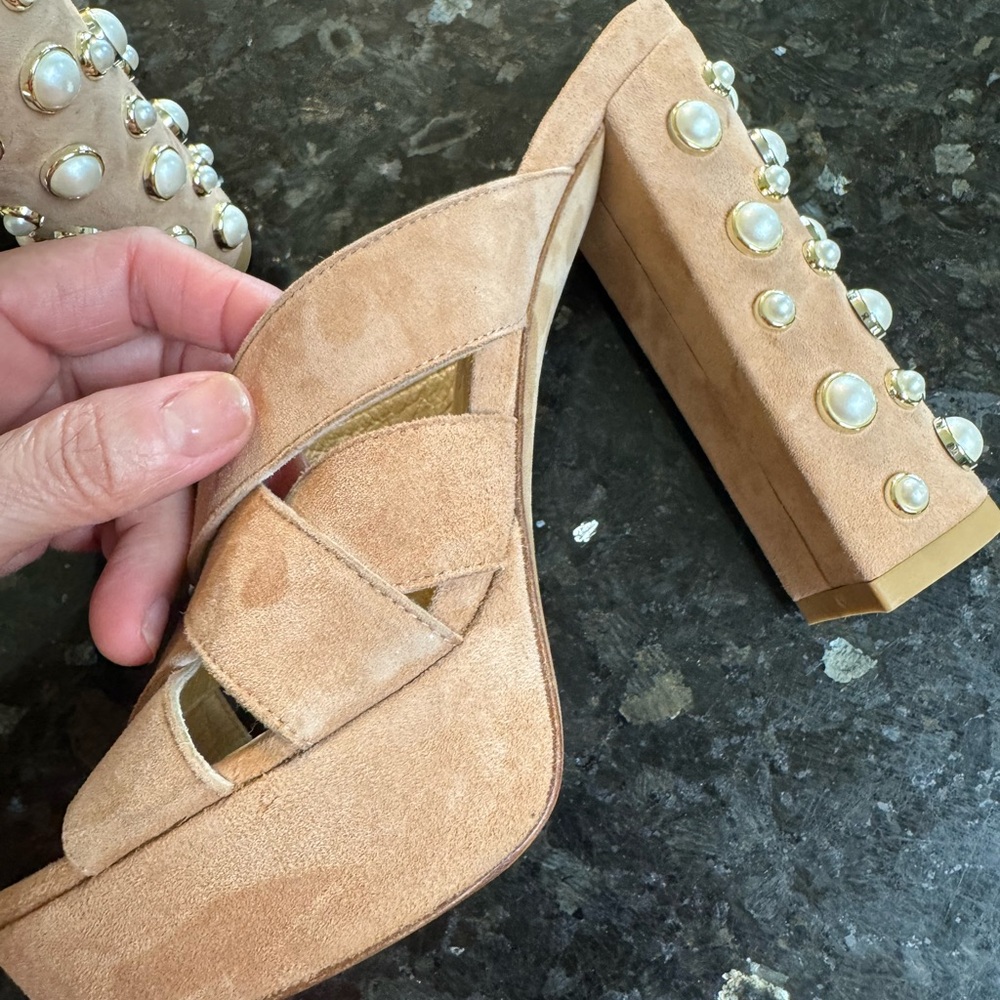 Stuart Weitzman Beige Heels with Pearl Accents - Picture 6 of 11